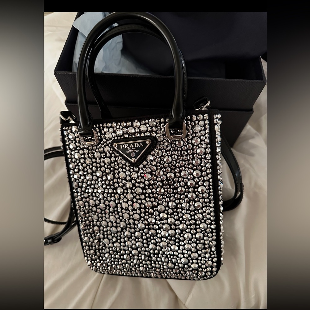 PRADA AUTH CRYSTAL & SATIN TOTE W/LEATHER HANDLES & DETACHABLE STRAP FLAWLESS - Picture 8 of 11